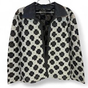Vintage Euro Black and white leather jacket with geometric pattern large medium